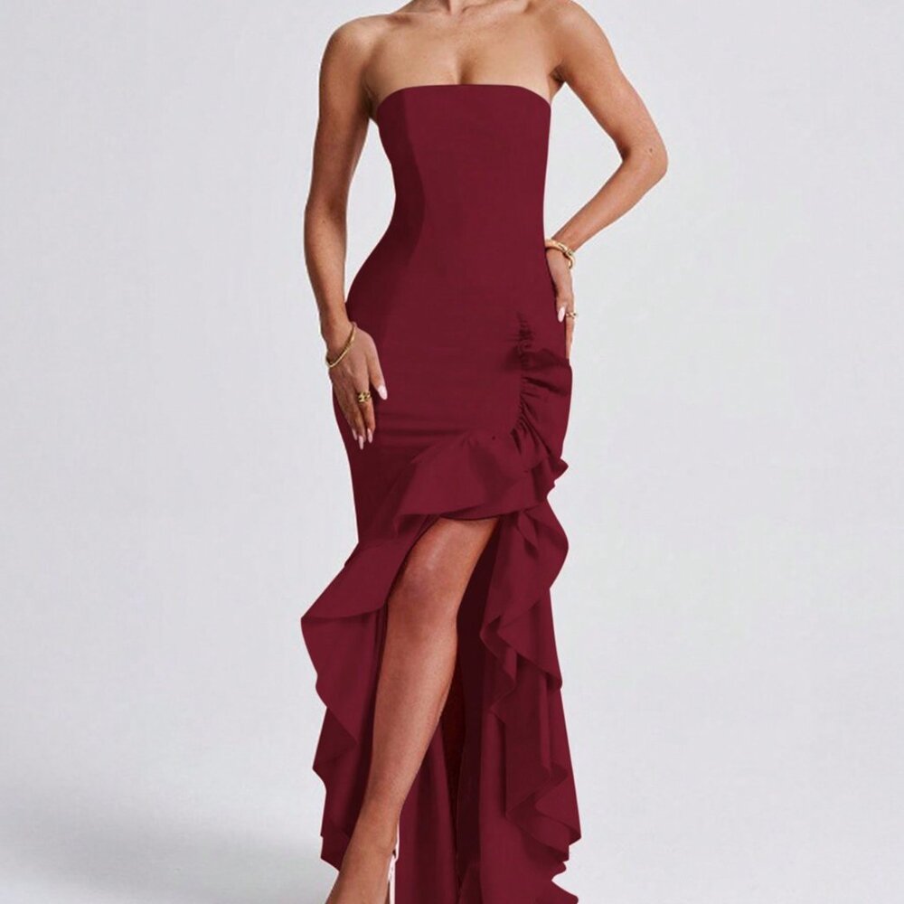 Burgundy Party Women's Sexy Strapless Asymmetrical Hem Fitted maXI Dress - Picture 9 of 9
